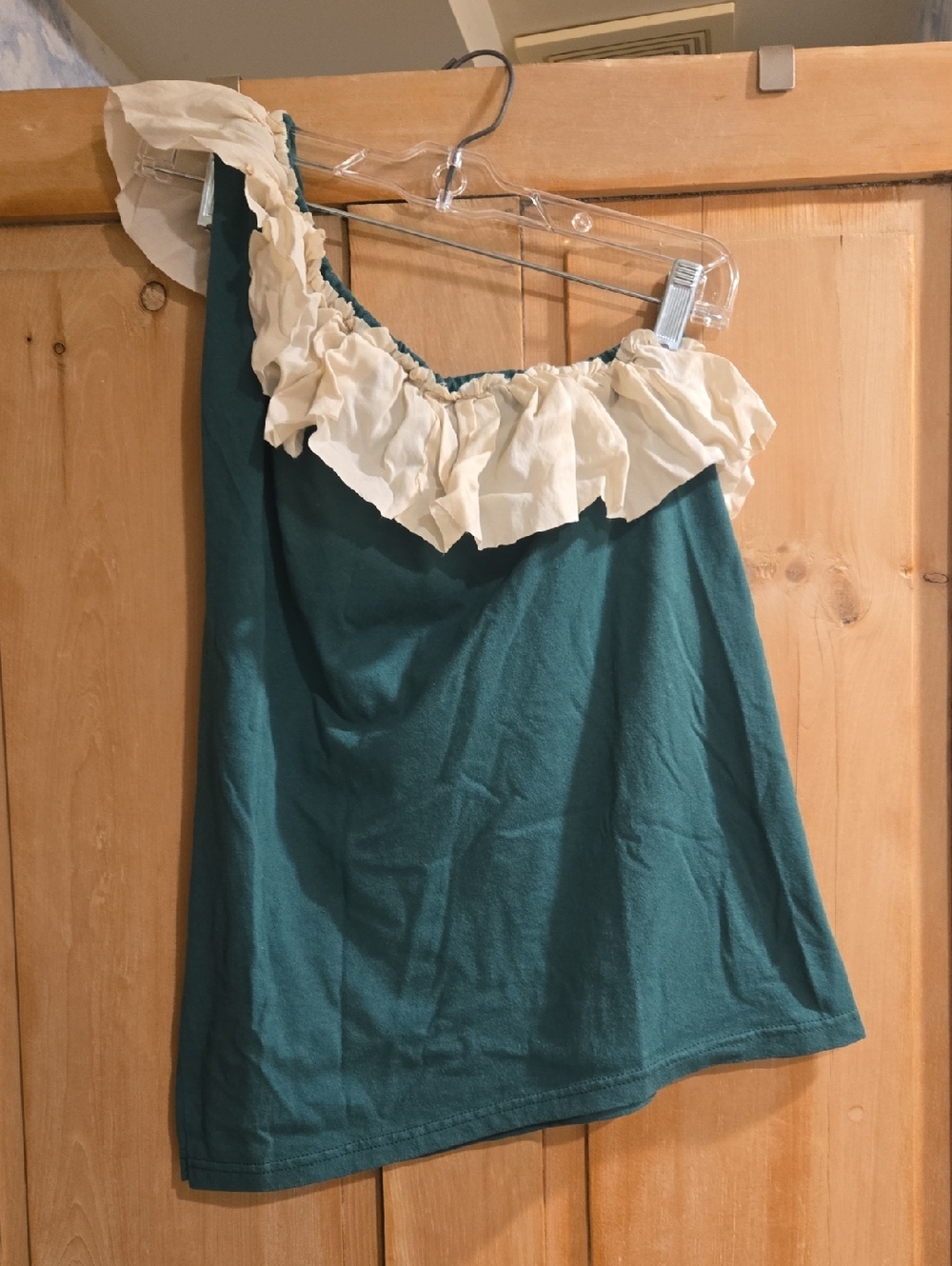 One-Shoulder Ruffle Top in Green and Cream